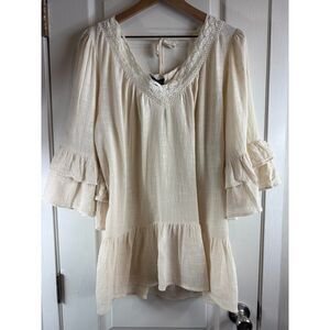 GiGiO Women's Cream Cotton Ruffle Boho Top Crochet Trim V-Neck Size S Small